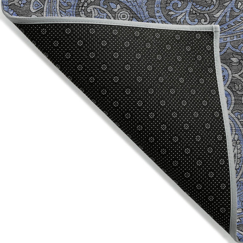 3' X 5' Charcoal Gray And Blue Paisley Washable Indoor Outdoor Area Rug