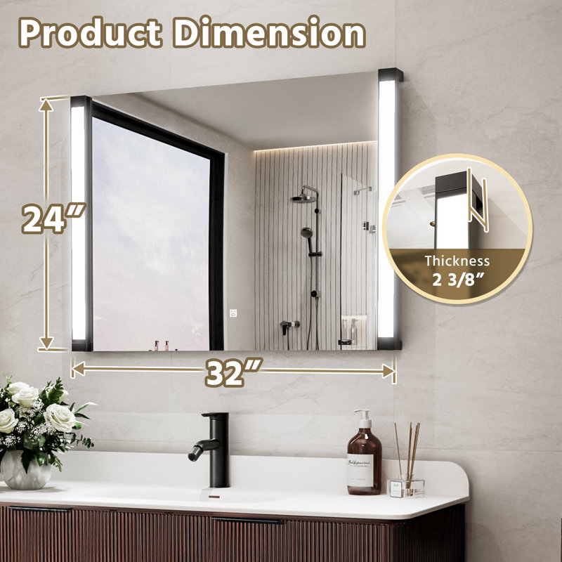 32"W X 24"H 270° Pivot LED Bright Light Mirror Adjustable Colour Temperature & Dimmable Brightness Memory Function, 24" x 32"