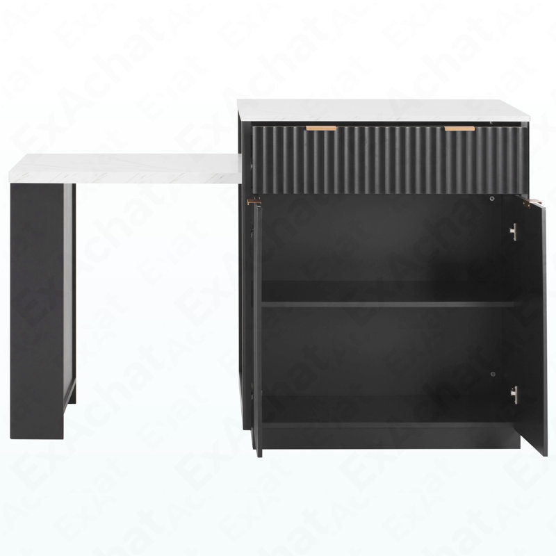 82.6" Fluted Kitchen Island With Extendable Dining Table For 4-6, Island Table For Kitchen With Power Outlet, Kitchen Table With Double-Side Storage, 2 Drawers 2 Side Open Shelves, Black