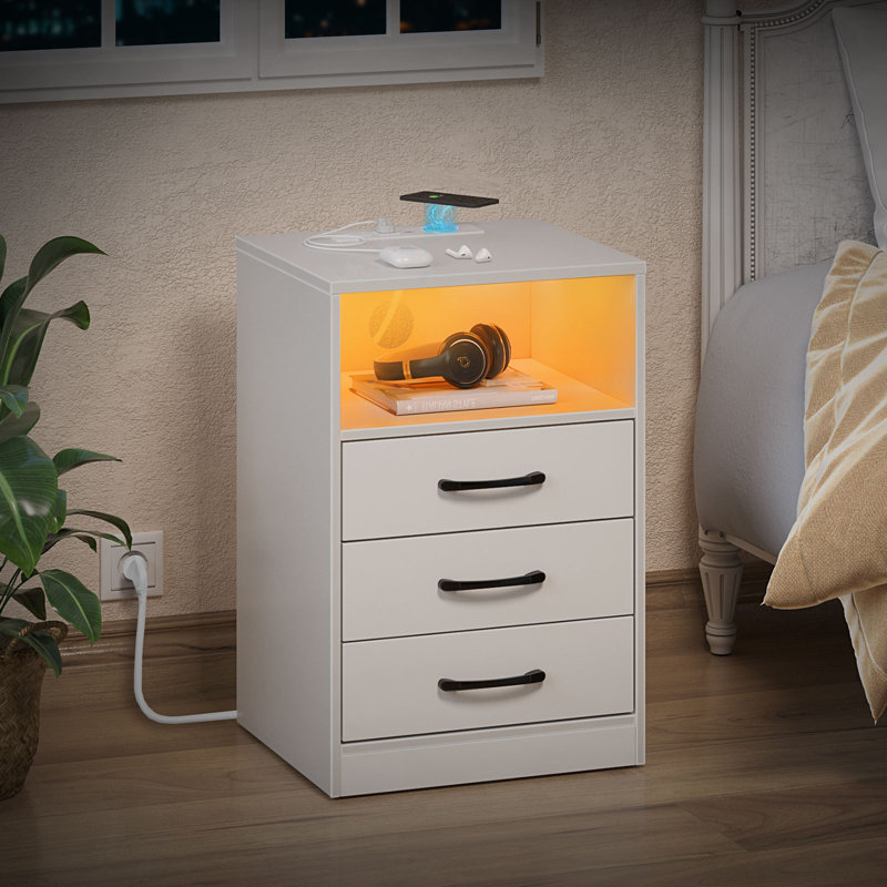 Orren Ellis Nightstand With 3 Drawers Open Storage, Wireless Charging and LED Lights, White