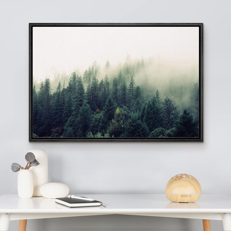 Pin vert forêt brumeux au soleil, Cadre noir, H 16 po x l 24 po x P 1,5 po