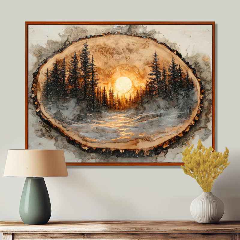 «Getzel Sunrise Pine Tree on Wooden Tree Slide II», art mural sur toile forêt, H 30 po x l 40 po, Brun