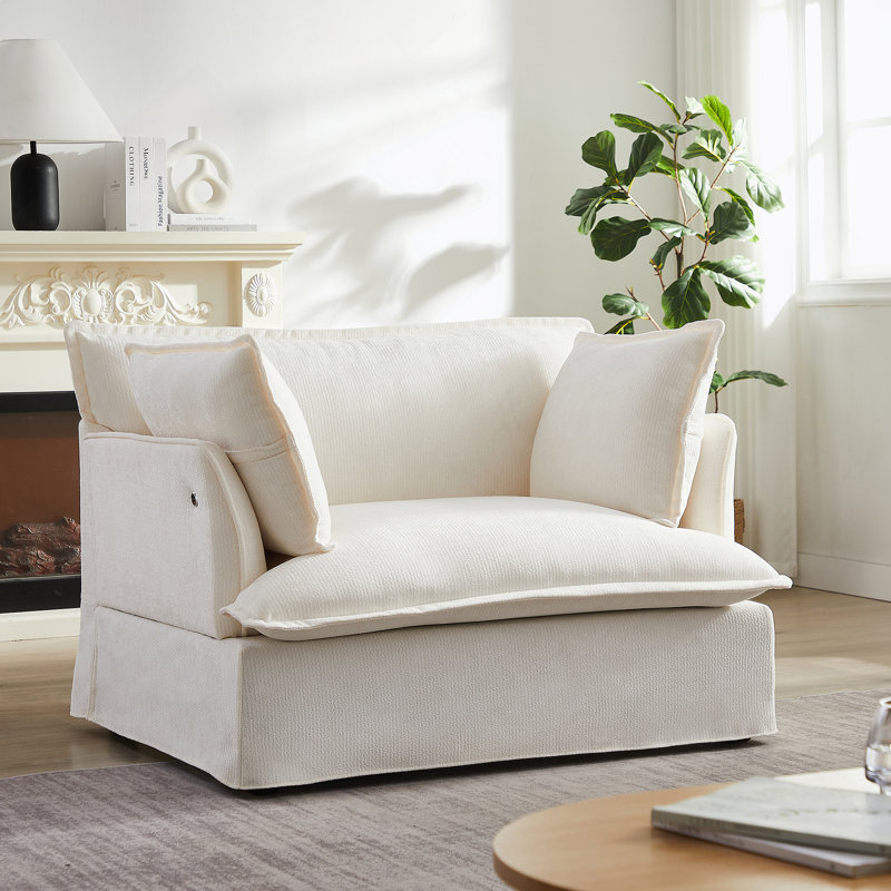 Fauteuil d'appoint surdimensionné avec charge à deux ports, base et accoudoirs de conception moderne, coussins décoratifs, siège profond et large, canapé simple confortable semblable à un nuage, fauteuil en chenille