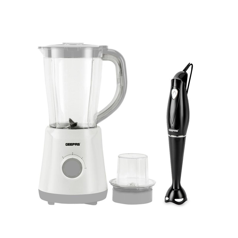 GEEPAS 500W Electric Jug Blender and 180W Hand Blender Combo set, Stainless Steel Blades, 2 Speed with Pulse Function, 1.5L Jar Coffee Grinder Mill, Food Processor Hand Blender