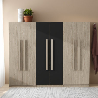 Garde-robe de rangement pour chambre à coucher à six portes (en bois), noir et épissure de couleur naturelle, 2 tiroirs intégrés, pour répondre aux divers besoins de rangement de la chambre à coucher