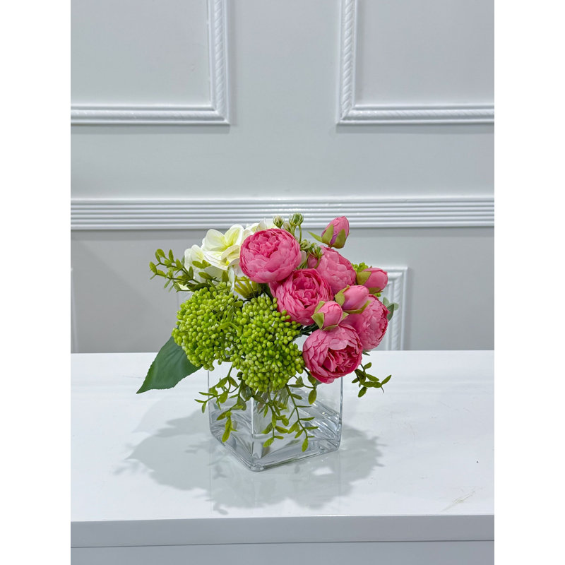 Faux Peony And Hydrangea In Vase, Pink/Beige