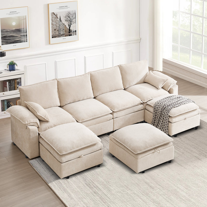 7 Seat Chenille U Shaped Modular Sectional Sofa With Storage, Beige