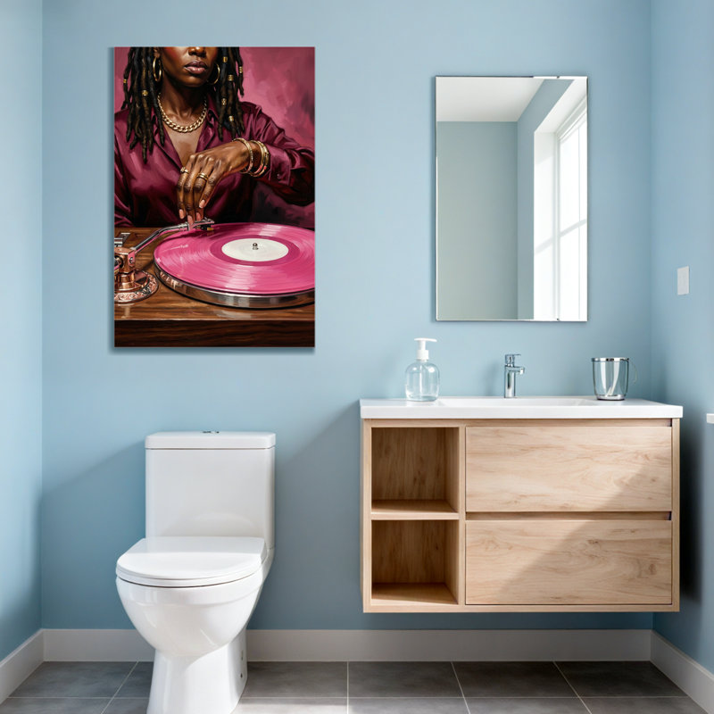 Femme à la mode avec des dreadlocks jouant un disque vinyle rose, H 30 po x l 20 po