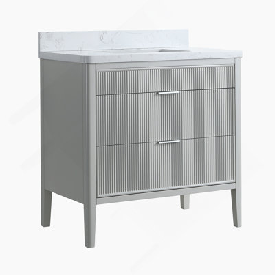 Ensemble de meuble-lavabo sur pied entièrement assemblé avec 2 ensembles de poignées et plateau en marbre d'ingénierie entièrement assemblé