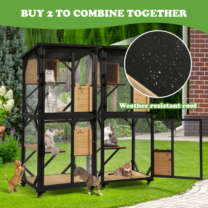 Black and Natural Wood 4-Tier Outdoor Cat Enclosure with Wheels