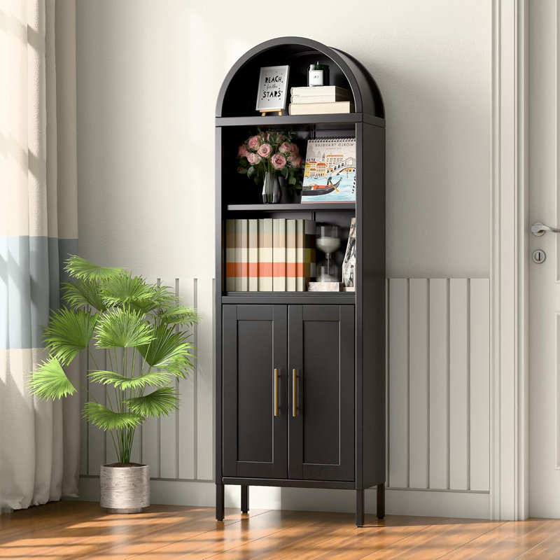 Metal Arched Bookcase, 5-tier Arched Bookcase With Doors, Modern Farmhouse Bookshelf With 2 Adjustable Shelves, Pantry Display Cabinet For Living Room, Black, Assembly Required