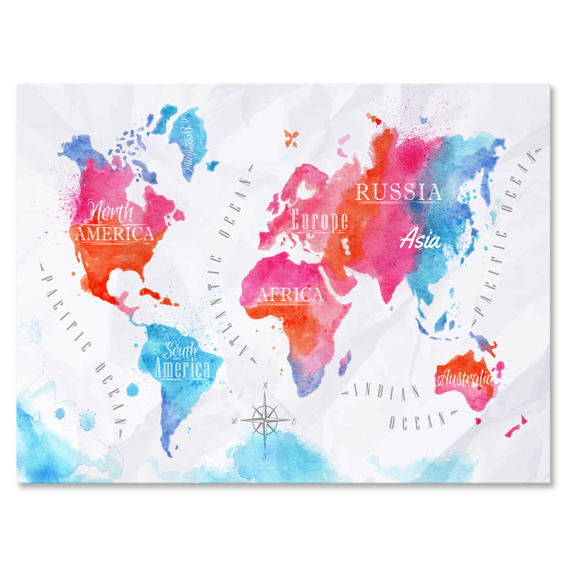 Carte du monde en rose et bleu - Impression sur toile, H 16 po x l 32 po x p 1 po, Toile tendue