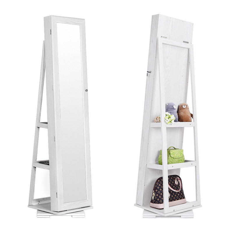 Armoire à bijoux rotative avec miroir verrouillable pleine grandeur, Blanc