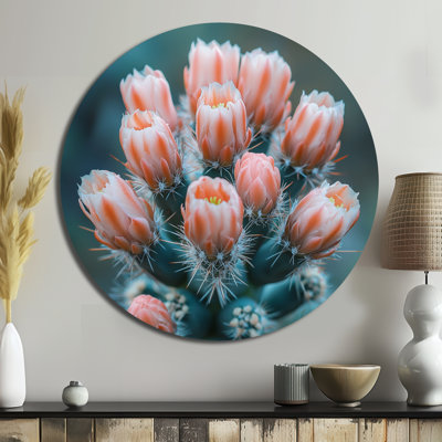 Cactus en fleurs à l'aube - Cactus rond en métal, reproduction d'art traditionnelle rose en métal