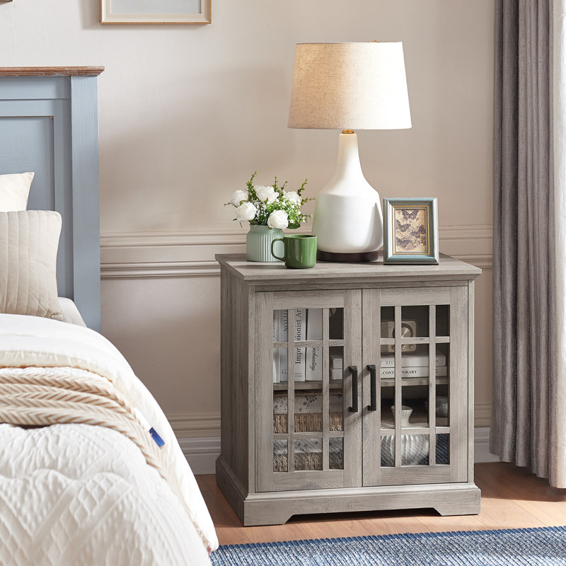 Jaimar 24"W Farmhouse Square End Table with Charging Station&Adjustable Storage Shelf, Gray Wood, Gray