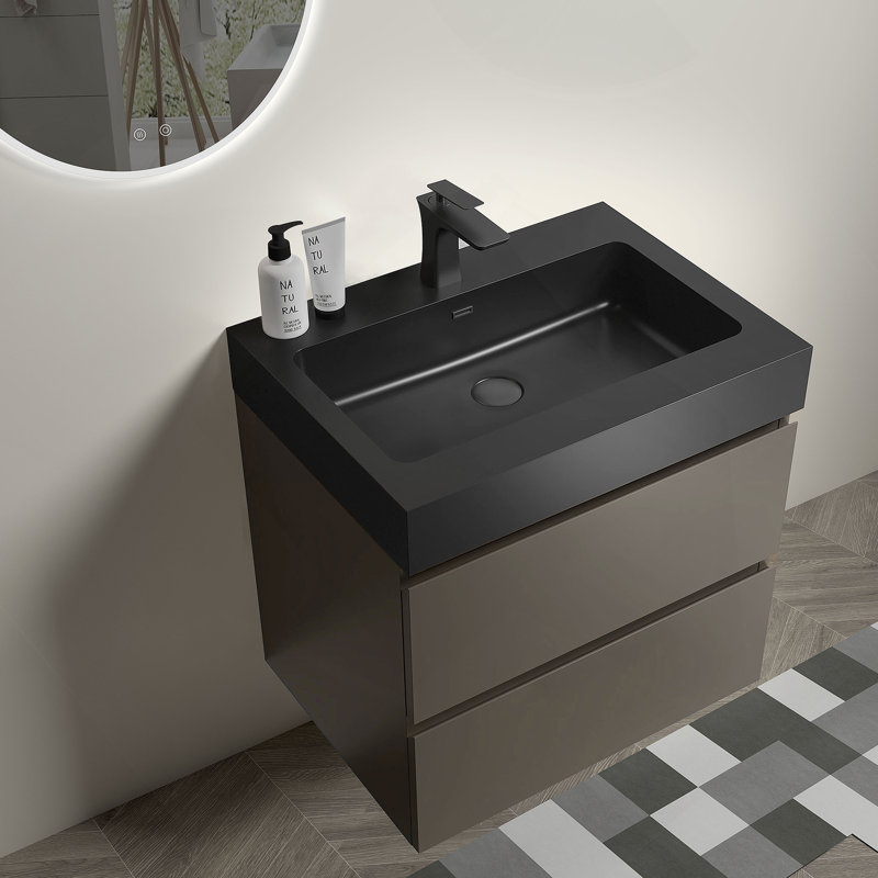 Meuble-lavabo mural flottant avec lavabo et rangement, Gris, Noir, 24"