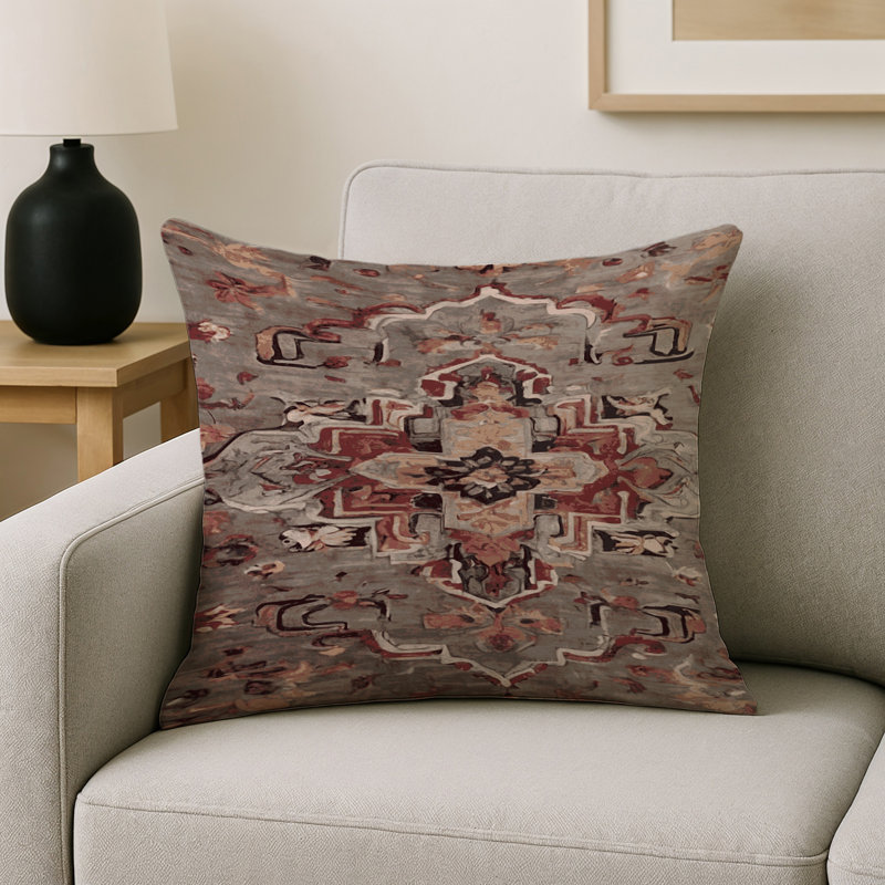 Coussin décoratif intérieur et extérieur Modern, Gris / abstrait rouge foncé, Carré 20 po
