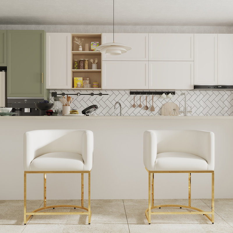 Shalon Modern Bar Stools Upholstered Fabric Counter Height Barstools Kitchen Counter Island Stools, Beige Velvet/Gold Frame