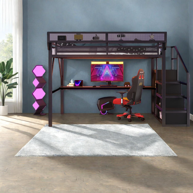 Lit mezzanine Queen en métal gain de place avec bureau et éclairage DEL pour les maisons modernes