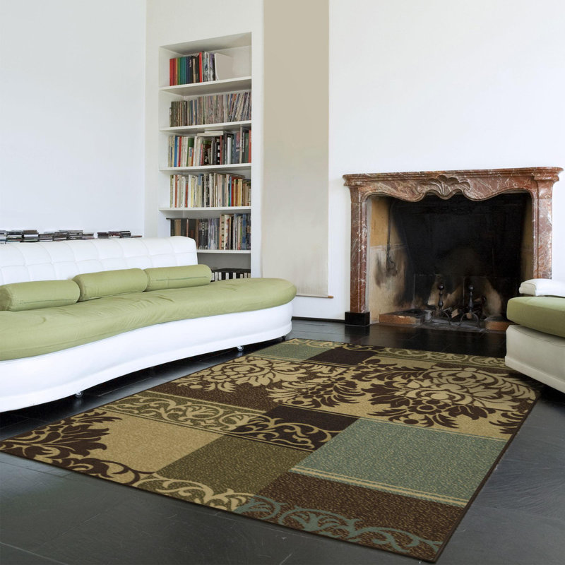 Ottohome Non-Slip Damask Area Rug for Living Room, Hallway Runner, Entryway Rug,  Brown/Green, Rectangle 5' x 6'6"