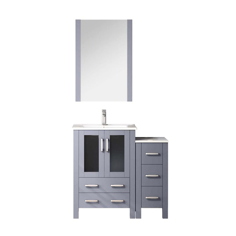 36 po Meuble-lavabo gris foncé pour salle de bain avec armoire latérale recouverte de zinc, robinet inclus, comptoir en céramique blanche et miroir mural à lattes pleine longueur de 22 po