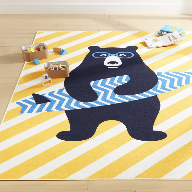 Erico Surfer Bear Kid's Washable Area Rug 3'X5', Multi/Gold/Blue, Rectangle 4' x 6'