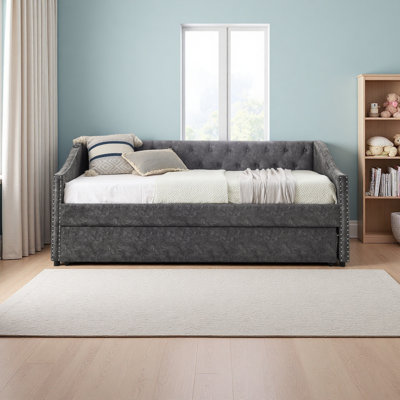 Lit de jour simple avec charge USB et lit extensible escamotable, avec bouton sur le dos et clou en cuivre sur les accoudoirs ondulés