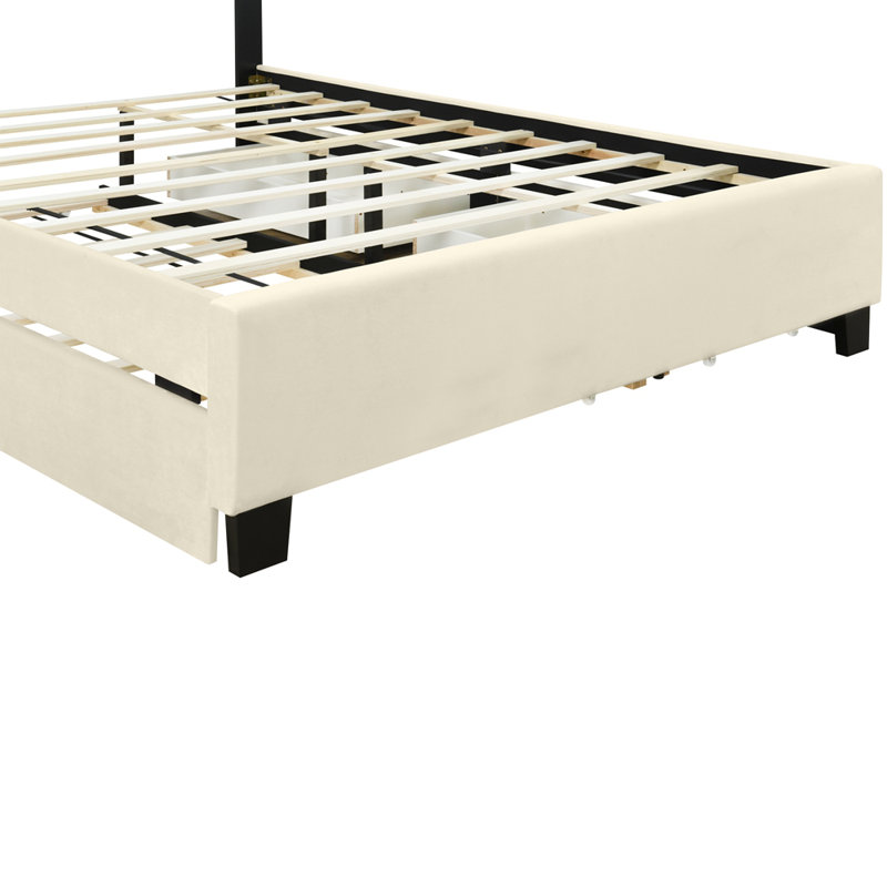 Lit plateforme tapissier Masaye avec 2 tiroirs et 1 lit gigogne, Beige