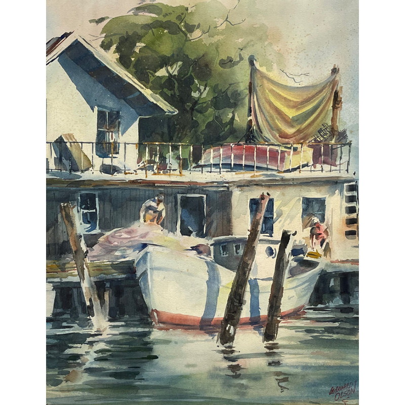 Aquarelle de paysage marin de style Mid-Century
