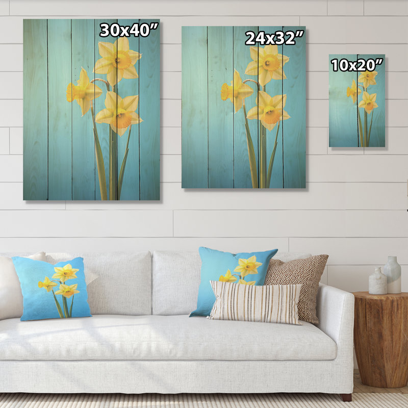 Jonquilles jaunes et vertes - Art mural en bois jonquilles sur bois de pin naturel, H 20 po x l 10 po