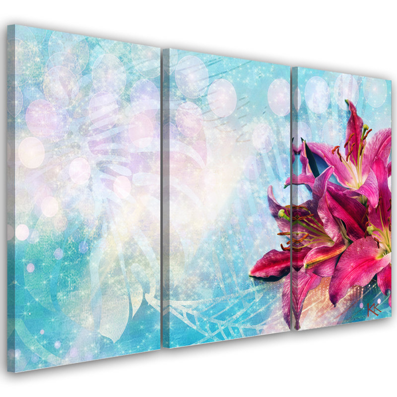 Pink Flowers On A Blue Background - 3 Piece Wrapped Canvas Print Set, 100cm H x 150cm W