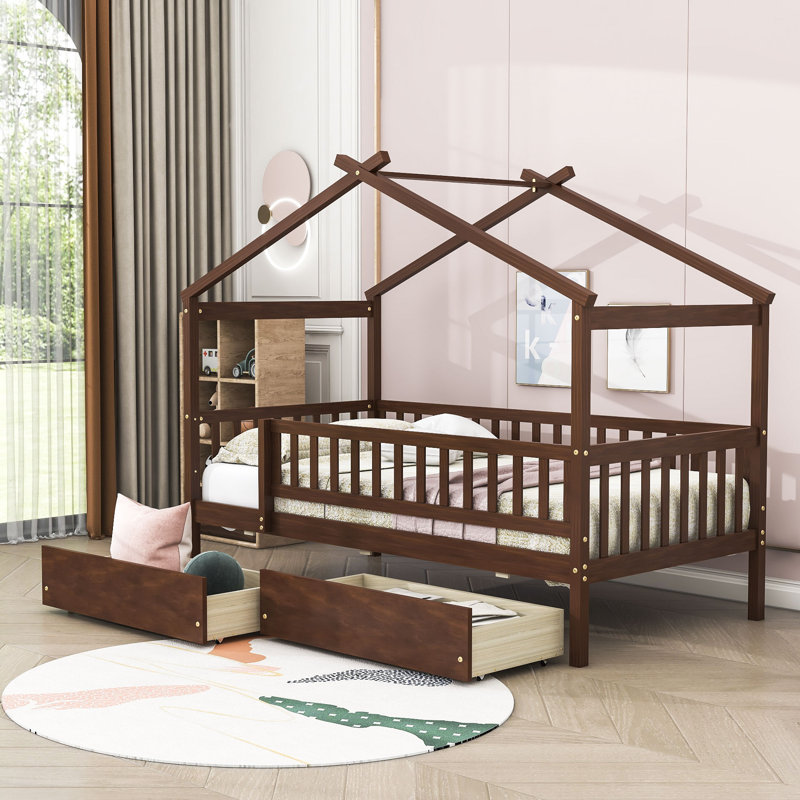 Heulwen Two Drawers Wooden House Bed, Walnut, Twin