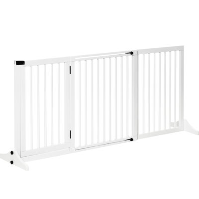Adjustable Wooden Gate For Pets. Freestanding, 3 Panels. Barrier, Lockable Door. White. Fits 44.5" - 63.5" Areas. For Hall, Doorway, Bedroom Pet Gate. Freestanding Doorway & Hall. Panels,