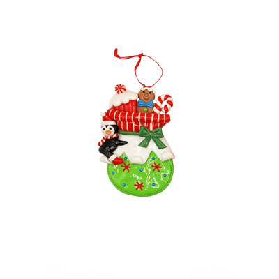 Christmas Ornament - Glossy Gingerbread Gift Bag with Penguin.  Festive Decoration F07-N2-11-AA440B