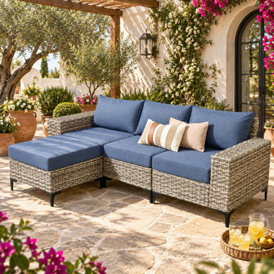 Ensemble de canapé modulaire d'extérieur en osier avec repose-pieds, table basse, coussins et jet - Idéal pour se détendre sur la terrasse