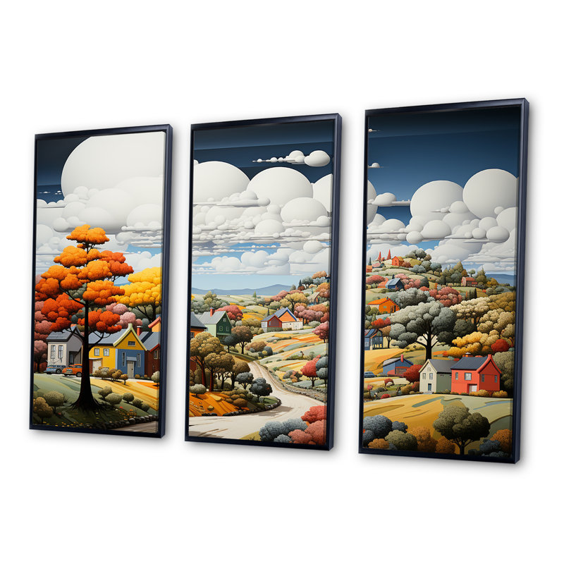 De Stijl Style County Side I - ensemble d'art sur toile campagne, Cadre flottant noir, H 28 po x l 36 po x P 1 po