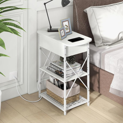 Table de bout étroite avec station de charge, ensemble de 2 tables d'appoint avec rangement rabattable, table de chevet multifonctionnelle pour le salon, la chambre à coucher ou le bureau