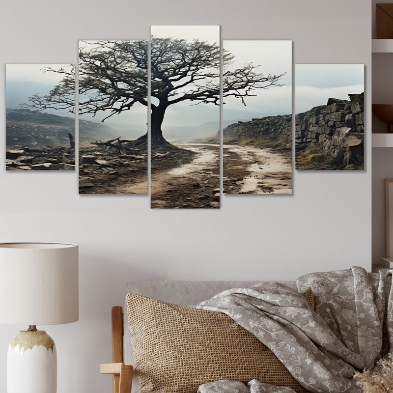 Arbre brun dans un champ - art mural paysage d'arbres de salon - 5 panneaux