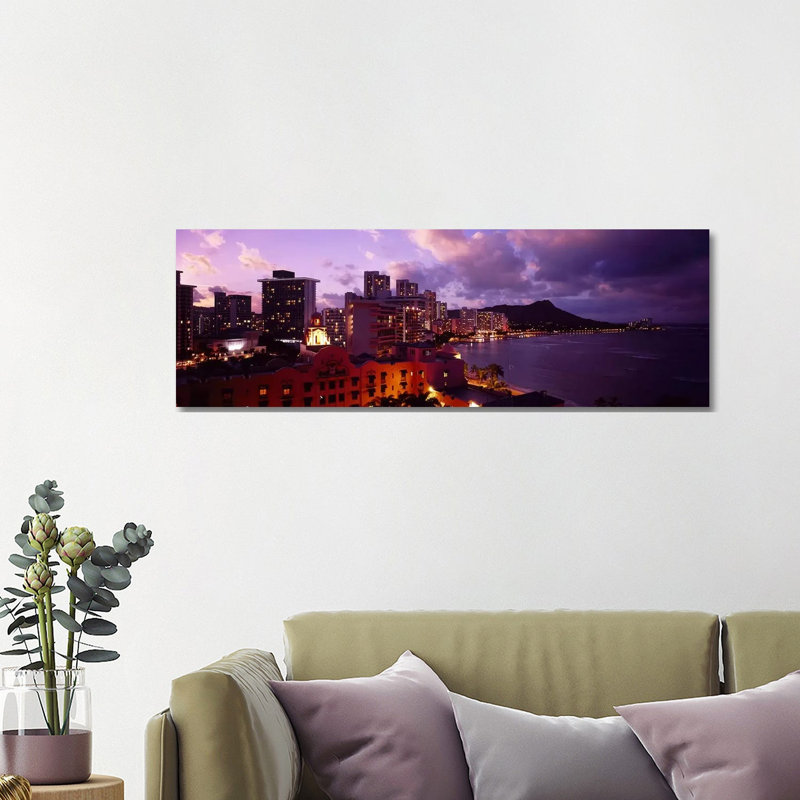 Buildings Lit Up At Dusk, Waikiki, Oahu, Hawaii, USA - Wrapped Canvas Panoramic Print, 121.92 cm H x 40.64 cm W x 3.175 cm D