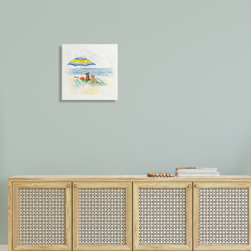 Playful Dogs Relaxing Under Beach Umbrella Canvas Art, 17" x 17"