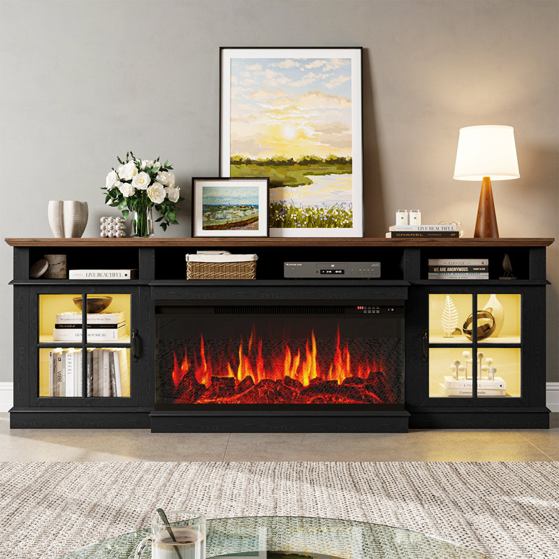 80" Electric Fireplace TV Stand – 12 Color Flame & LED, 2 Heat Settings, Adjustable Temperature, Fits TVs Up to 90", Black
