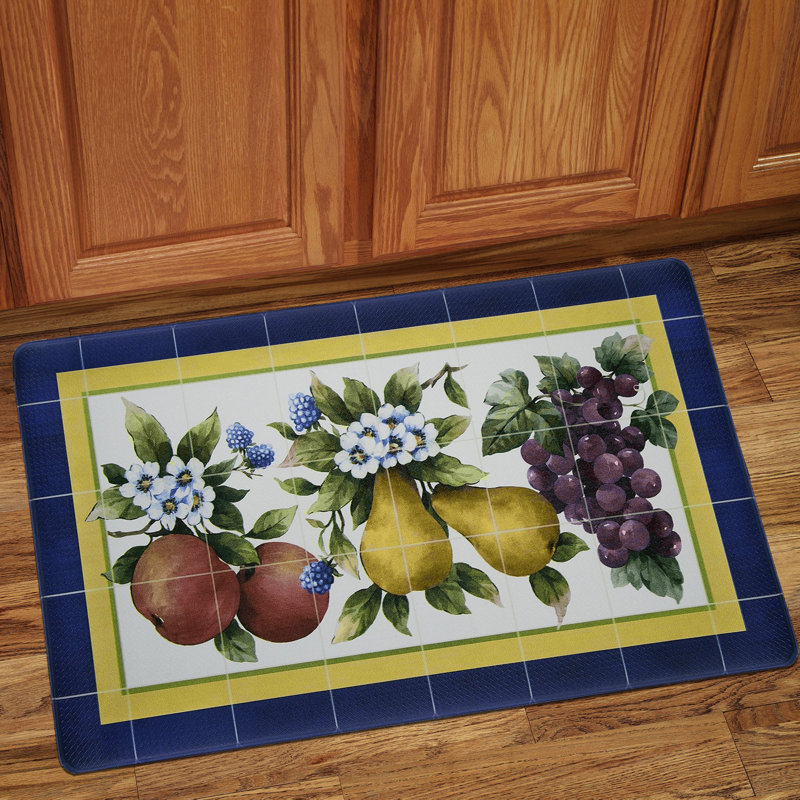Oversized Blue and Yellow PVC Anti-Fatigue Kitchen Mat with Fruity Tiles