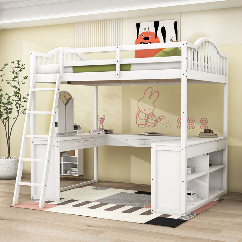 Lit mezzanine double en bois avec bureau et miroir, gris