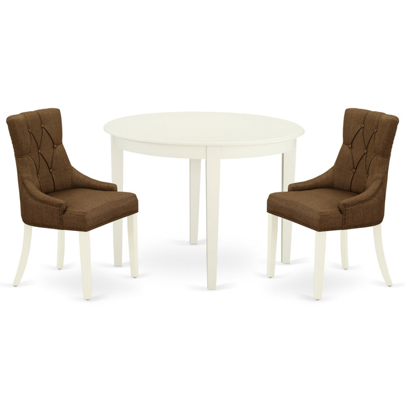 3 Piece Kitchen Table Set for Small Spaces Contains a Round Dining Table and 2 Brown Linen Linen Fabric Parson Dining Chairs, 42x42 Inch, Linen White