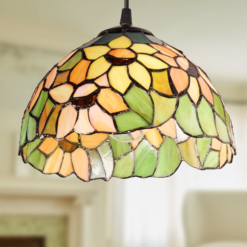 10"W Evelina Traditional Yellow Sunflowers Stained Glass Dome Shade Pendant