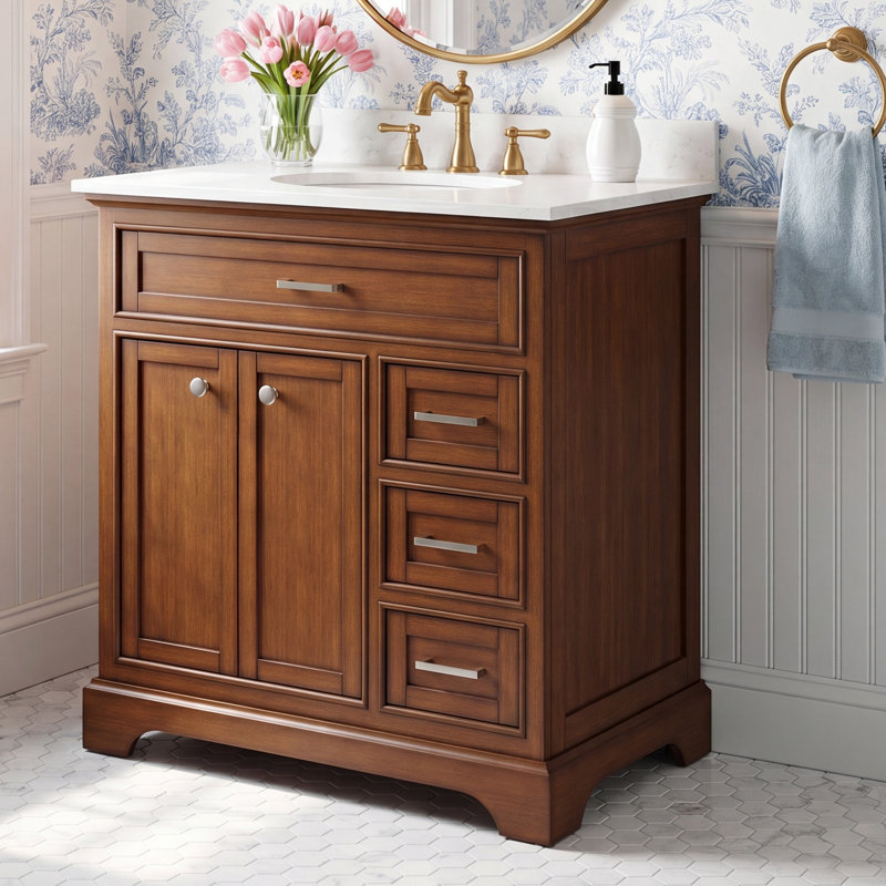 Hermes 32'' Single Bathroom Vanity with Marble Top, Teak