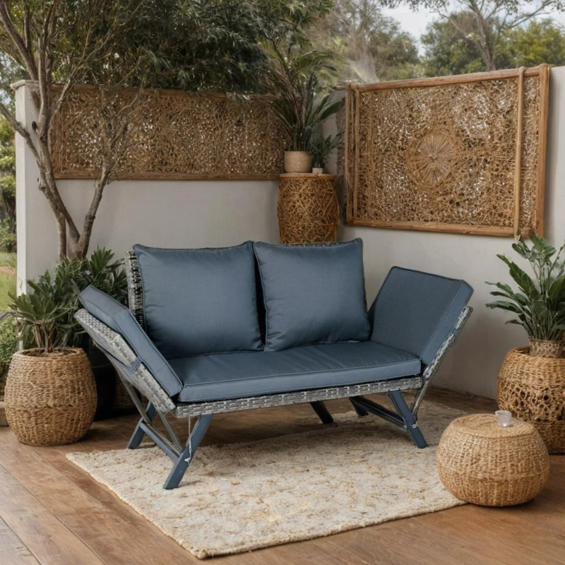 1 PCS Foldable Patio Wicker Side Bench – Grey Wicker with Dark Grey Cushion, Outdoor Backyard Conversation Seating