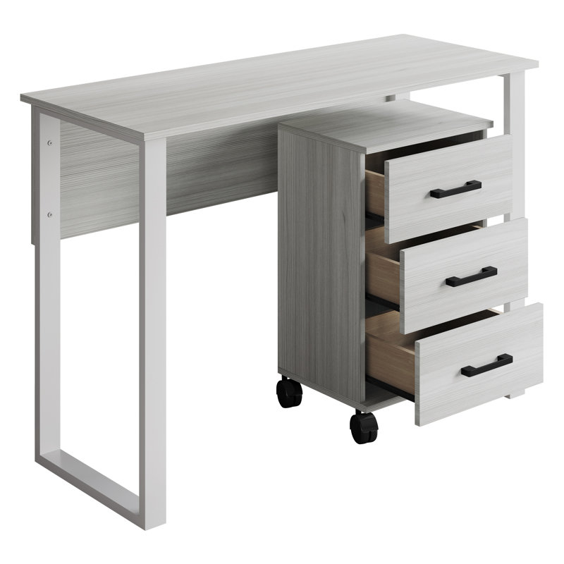 Bureau moderne avec espace de travail et caisson mobile à 3 tiroirs - gris clair, Gris clair