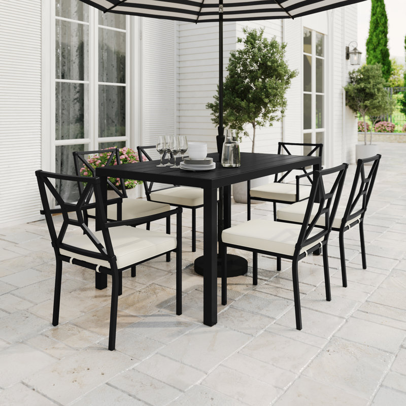 Martha Stewart Lily Pond 60" All-Weather Steel Frame Patio Table With Slatted Top And Umbrella Hole