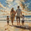 «Family Walk» - Reproduction matte encadrée turquoise pour la décoration intérieure